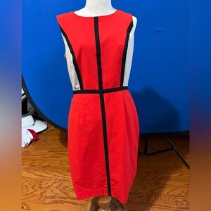 Calvin Klein Red Sleeveless Colorblock Sheath Dress with Black Trim